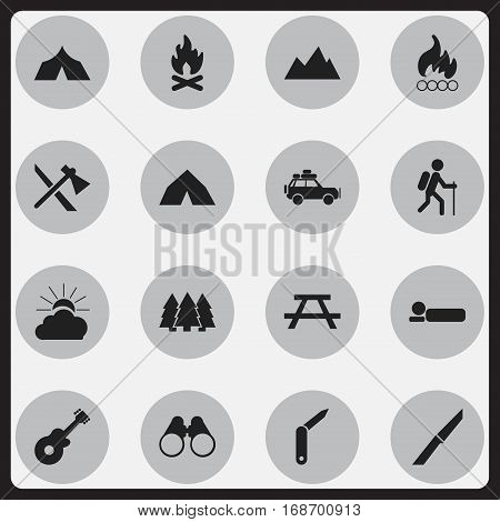 Set Of 16 Editable Travel Icons. Includes Symbols Such As Blaze, Musical Instrument, Clasp-Knife And More. Can Be Used For Web, Mobile, UI And Infographic Design.