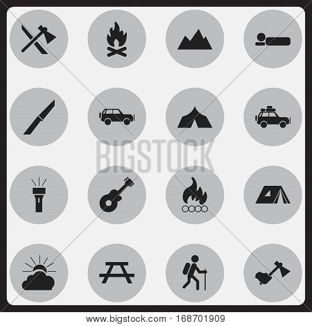 Set Of 16 Editable Travel Icons. Includes Symbols Such As Blaze, Lantern, Ax And More. Can Be Used For Web, Mobile, UI And Infographic Design.