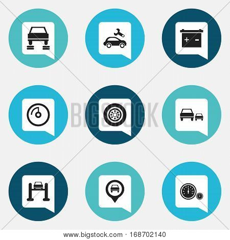 Set Of 9 Editable Car Icons. Includes Symbols Such As Accumulator, Race, Pointer And More. Can Be Used For Web, Mobile, UI And Infographic Design.