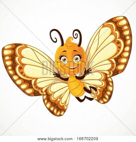 Cute Little Butterfly With Yellow And Brown Ornament Wings Fly On A White Background
