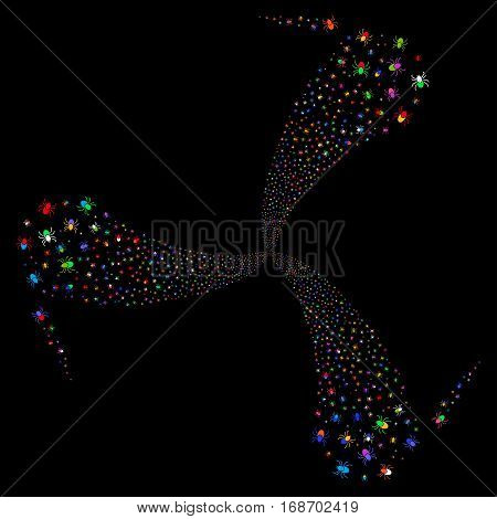 Mite fireworks swirl rotation. Vector illustration style is flat bright multicolored iconic symbols on a black background. Object whirl combined from random pictographs.