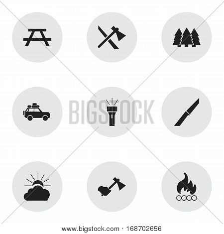 Set Of 9 Editable Trip Icons. Includes Symbols Such As Ax, Pine, Voyage Car And More. Can Be Used For Web, Mobile, UI And Infographic Design.