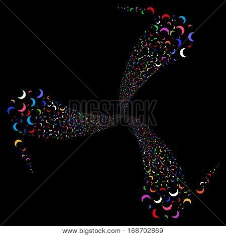 Moon fireworks swirl rotation. Vector illustration style is flat bright multicolored iconic symbols on a black background. Object whirl combined from random pictograms.