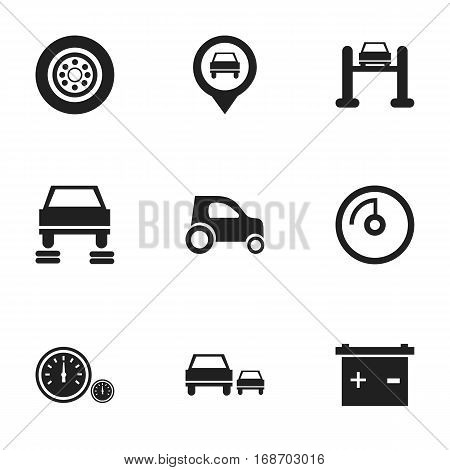 Set Of 9 Editable Vehicle Icons. Includes Symbols Such As Accumulator, Pointer, Speedometer And More. Can Be Used For Web, Mobile, UI And Infographic Design.