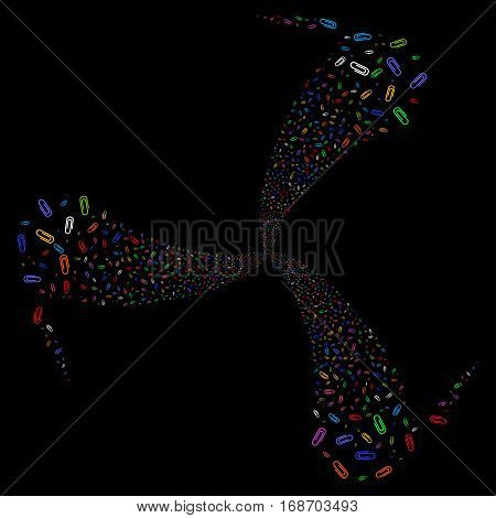 Paperclip fireworks swirl rotation. Vector illustration style is flat bright multicolored iconic symbols on a black background. Object whirlpool combined from random design elements.