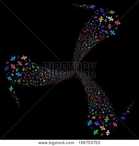 Percent fireworks swirl rotation. Vector illustration style is flat bright multicolored iconic symbols on a black background. Object whirlpool combined from random pictographs.