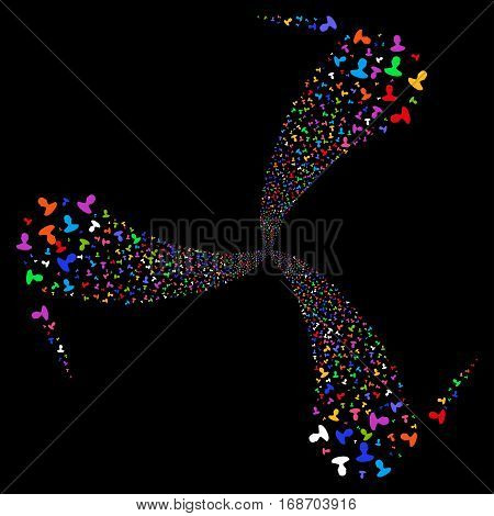 Person fireworks swirl rotation. Vector illustration style is flat bright multicolored iconic symbols on a black background. Object spiral combined from random symbols.