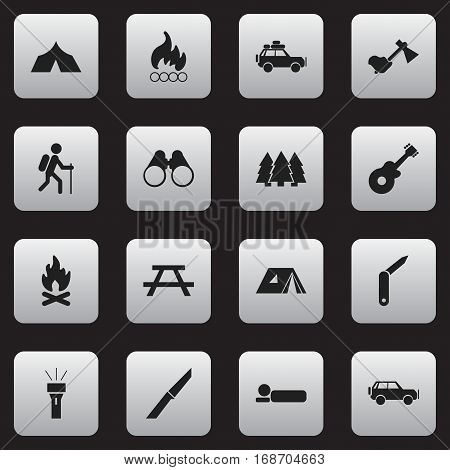Set Of 16 Editable Travel Icons. Includes Symbols Such As Ax, Voyage Car, Blaze And More. Can Be Used For Web, Mobile, UI And Infographic Design.