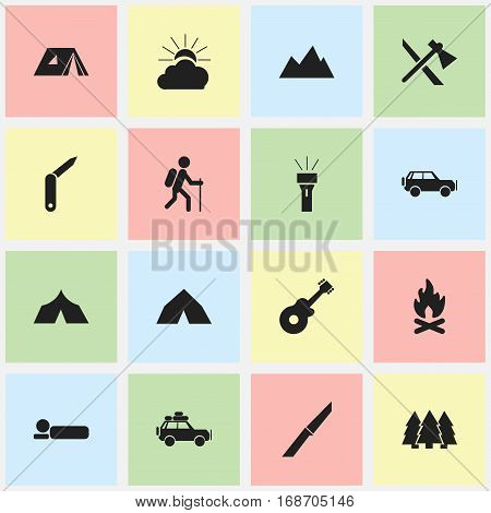 Set Of 16 Editable Travel Icons. Includes Symbols Such As Pine, Tomahawk, Voyage Car And More. Can Be Used For Web, Mobile, UI And Infographic Design.