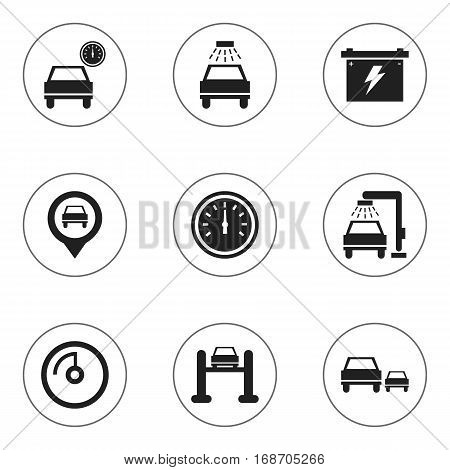 Set Of 9 Editable Transport Icons. Includes Symbols Such As Automobile, Race, Battery And More. Can Be Used For Web, Mobile, UI And Infographic Design.