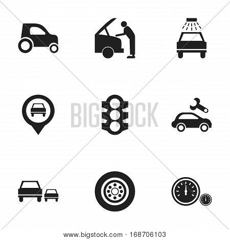 Set Of 9 Editable Traffic Icons. Includes Symbols Such As Speedometer, Race, Pointer And More. Can Be Used For Web, Mobile, UI And Infographic Design.