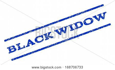 Black Widow watermark stamp. Text tag between parallel lines with grunge design style. Rotated rubber seal stamp with dust texture. Vector blue ink imprint on a white background.