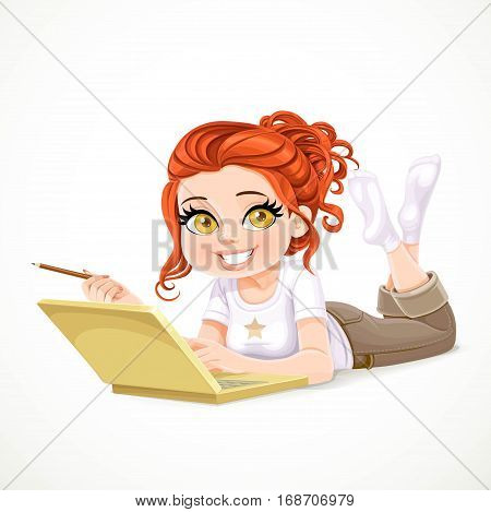 Beautiful Redhaired Girl Lying On A White Floor And Working At A Laptop