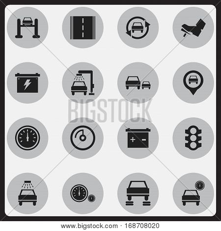 Set Of 16 Editable Traffic Icons. Includes Symbols Such As Automobile, Speedometer, Auto Service And More. Can Be Used For Web, Mobile, UI And Infographic Design.