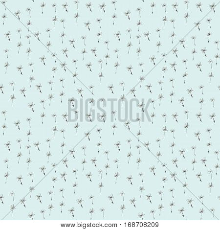 Seamless pattern with hand drawn dandelion seeds on light blue background. Could be used for textile or in design