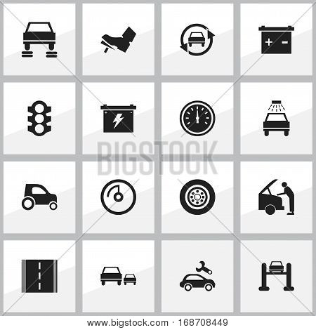 Set Of 16 Editable Transport Icons. Includes Symbols Such As Treadle, Auto Service, Vehicle Car And More. Can Be Used For Web, Mobile, UI And Infographic Design.