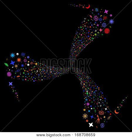 Space Symbols fireworks swirl rotation. Vector illustration style is flat bright multicolored iconic symbols on a black background. Object spiral combined from random pictographs.