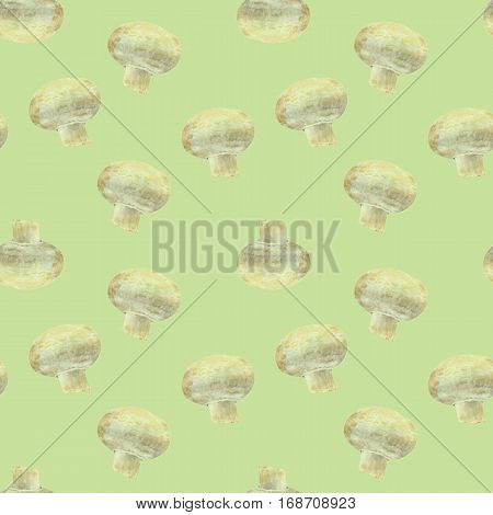 Transparent mushroom champignon on green background. Watercolor hand made. Seamless colorful pattern. Could be used for textile or in design