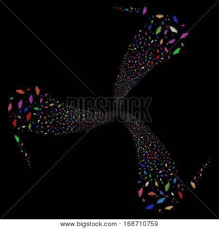 UFO fireworks swirl rotation. Vector illustration style is flat bright multicolored iconic symbols on a black background. Object whirl combined from random icons.