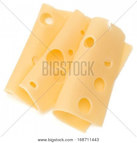 three Cheese slices isolated on white background.