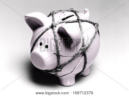 Broken Piggy Bank Reassembled with Twine
