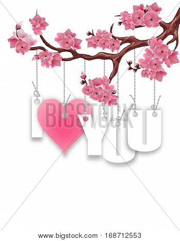 Stylized inscription I love you. A branch of cherry blossoms. Red heart on a white background. Postcard in honor of St. Valentina s Day. Vector illustration