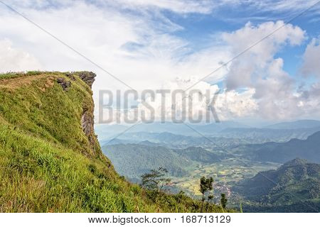Beautiful landscape sky and high stone cape of mountain on view point as a symbol of Phu Chi Fa National Forest Park in Chiang Rai Province Thailand
