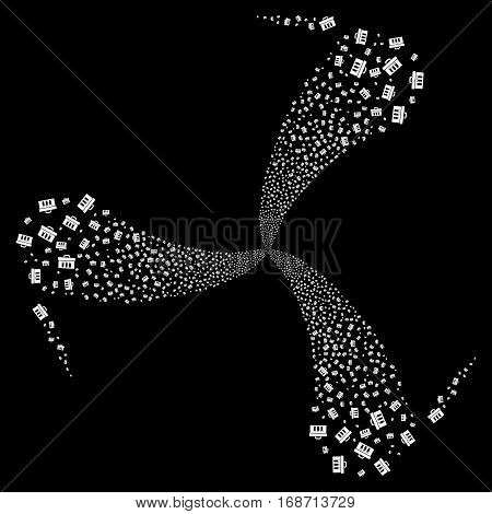 Analysis fireworks swirl rotation. Vector illustration style is flat white iconic symbols on a black background. Object whirlpool done from random pictograms.