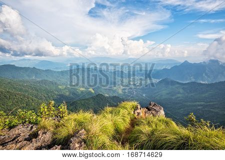 Beautiful landscape high mountain of the Phi Pan Nam Range from view point on Phu Chi Fa Forest Park in Chiang Rai Province Thailand