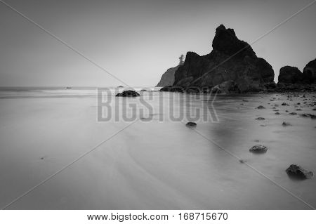 Ruby Beach in Olympic National Park with fog Washington State USA