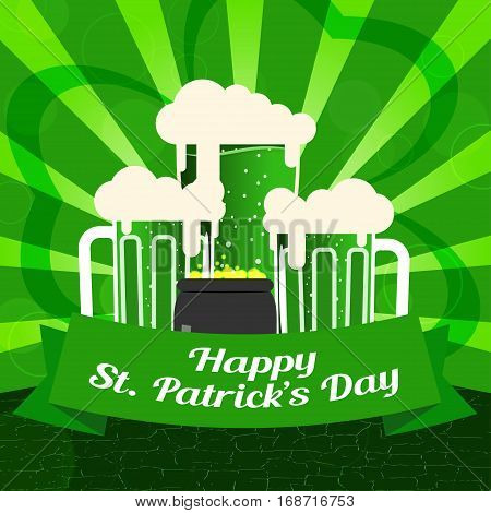 Vector Happy St. Patrick's Day poster on the gradient dark green background with rays goblets of beer and cauldron with coins.