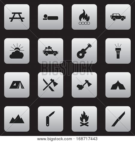 Set Of 16 Editable Trip Icons. Includes Symbols Such As Clasp-Knife, Blaze, Peak And More. Can Be Used For Web, Mobile, UI And Infographic Design.