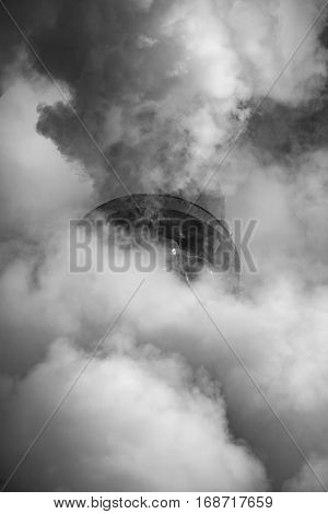 Restored Victorian Era Steam Train Engine With Full Steam In Black And White