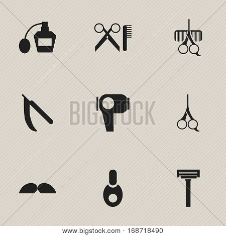 Set Of 9 Editable Barbershop Icons. Includes Symbols Such As Scent, Shaver, Blade And More. Can Be Used For Web, Mobile, UI And Infographic Design.
