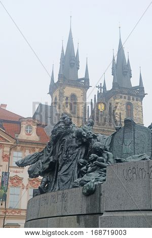 Prague, Czechia - November, 21, 2016: monument of Jan Hus in a center of Prague, Czechia