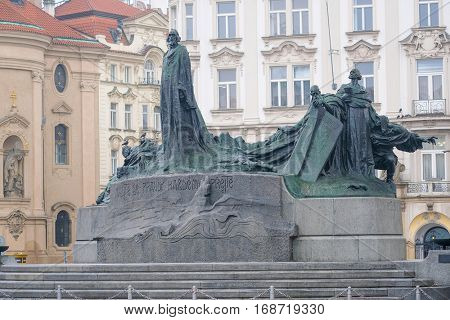 Prague, Czechia - November, 21, 2016: monument of Jan Hus in a center of Prague, Czechia