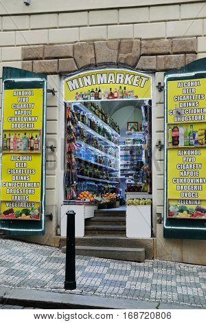 Prague, Czechia - November, 21, 2016: minimarket in a center of Prague, Czechia