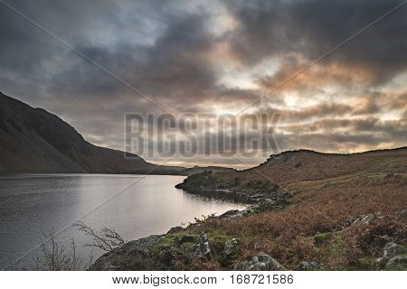 Beautiful Sunset Landscape Image Of Wast Water And Mountains In Lkae District In Autumn In England