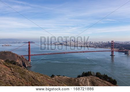 San Francisco Panorama and Golden gate bridge from San Francisco Bay