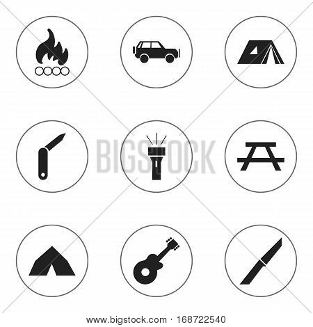 Set Of 9 Editable Camping Icons. Includes Symbols Such As Clasp-Knife, Musical Instrument, Lantern And More. Can Be Used For Web, Mobile, UI And Infographic Design.