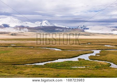 Amazing summer landscape with snowy  mountains and winding river. Plateau Ukok. Altai