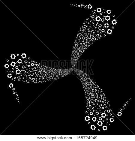 Gear fireworks swirl rotation. Vector illustration style is flat white iconic symbols on a black background. Object whirl made from random pictograms.