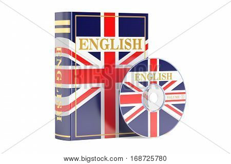 English book with flag of UK and CD disk 3D rendering isolated on white background
