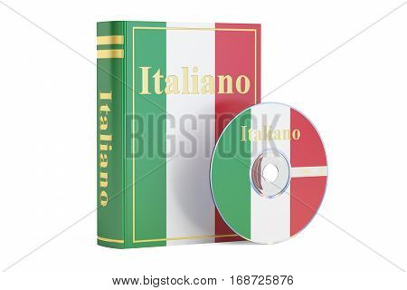 Italian book with flag of Italy and CD disk 3D rendering isolated on white background