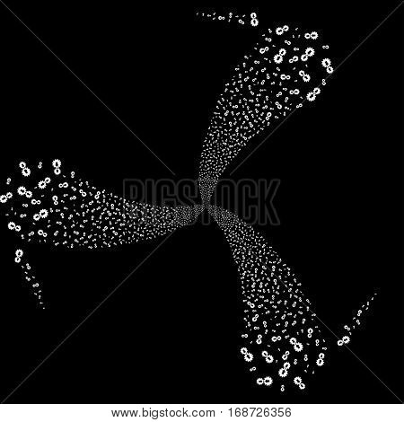 Integration fireworks swirl rotation. Vector illustration style is flat white iconic symbols on a black background. Object whirl created from random pictograms.
