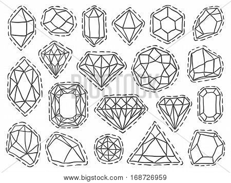Gems patch badges set. Doodle sketch vector. Comic stickers with jewelry stones. Social media badges. Diamonds brilliants and crystals. Fashionable jewel pins.