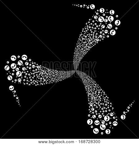 Phone Number fireworks swirl rotation. Vector illustration style is flat white iconic symbols on a black background. Object whirl constructed from random pictograms.