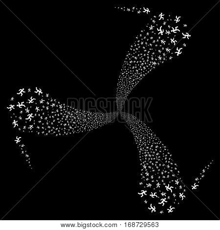 Running Man fireworks swirl rotation. Vector illustration style is flat white iconic symbols on a black background. Object twirl created from random design elements.