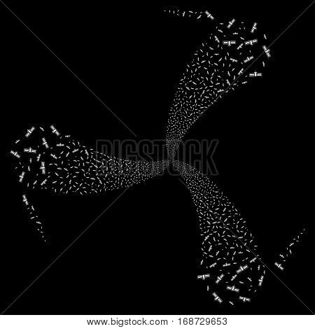 Satellite fireworks swirl rotation. Vector illustration style is flat white iconic symbols on a black background. Object whirl done from random pictographs.