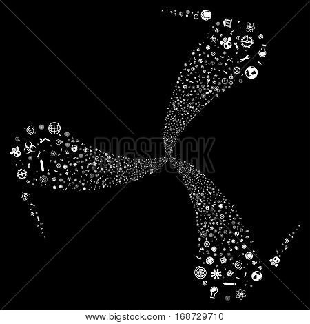 Science Symbols fireworks swirl rotation. Vector illustration style is flat white iconic symbols on a black background. Object twirl combined from random pictographs.